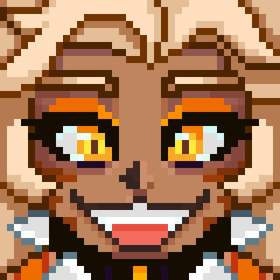 Pixel art of a smiling anime cat man face.