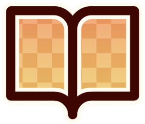A brown outline of a book with an orange to yellow gradient pattern of checkers inside.