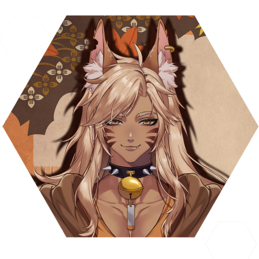 Image of werecat Vtuber NoNekoP. A tan, blonde man with red facial marks, cream colored cat ears, a spiked collar with a bell, and an autumnal background.