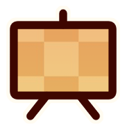 A presentation board with gold and orange squares.