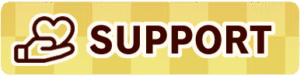 A gold and yellow checkered button that says "Support" with a hand holding a heart.