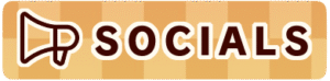 An orange and golden checkered background with a megaphone icon. The text says "SOCIALS."